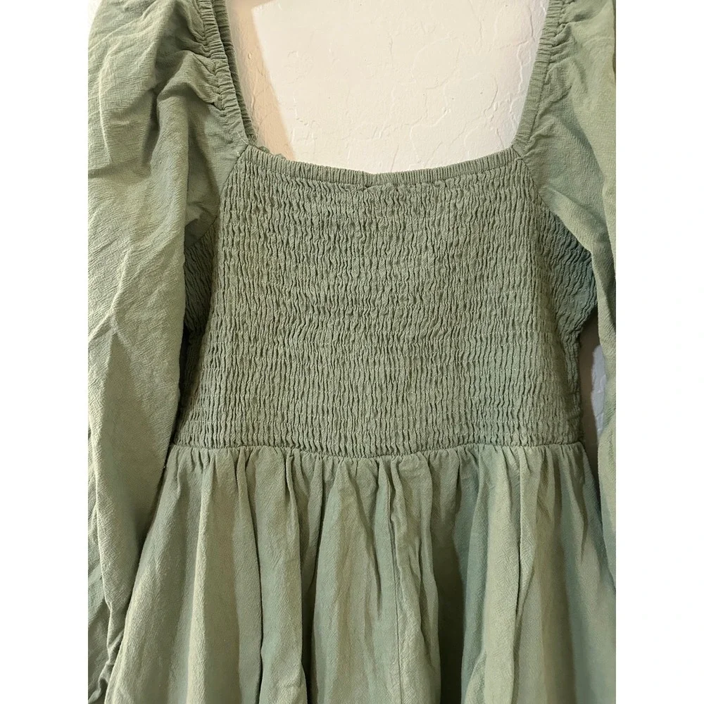 SHEIN VCAY Sage Green Cotton Puff Sleeve Smocked Mini Dress Crochet Trim Size M‎
